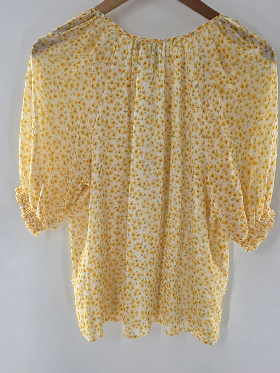 Joie Yellow Floral V-Neck Peasant Blouse Short Sleeve Womens Size Small - Picture 2 of 13
